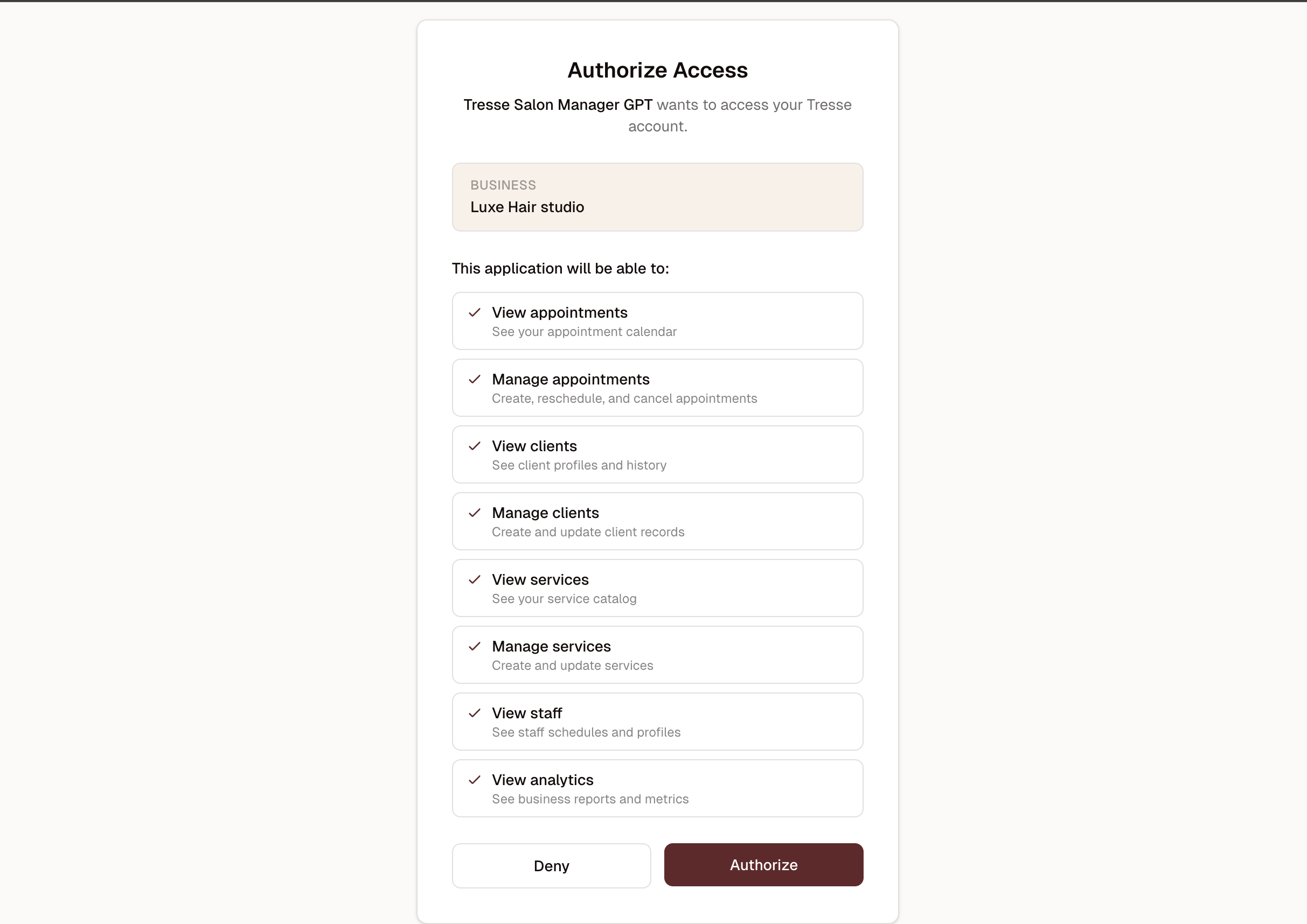 Tresse OAuth authorization screen showing permissions for the Salon Manager GPT